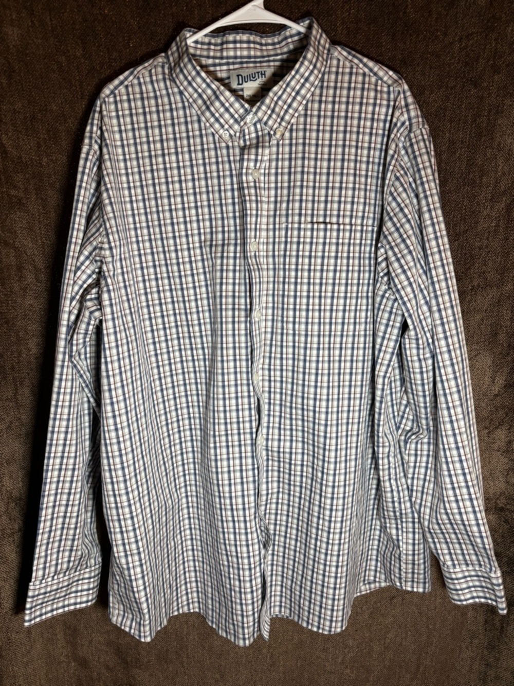 Duluth Trading Co Men's White and Blue Plaid Button-Down Shirt